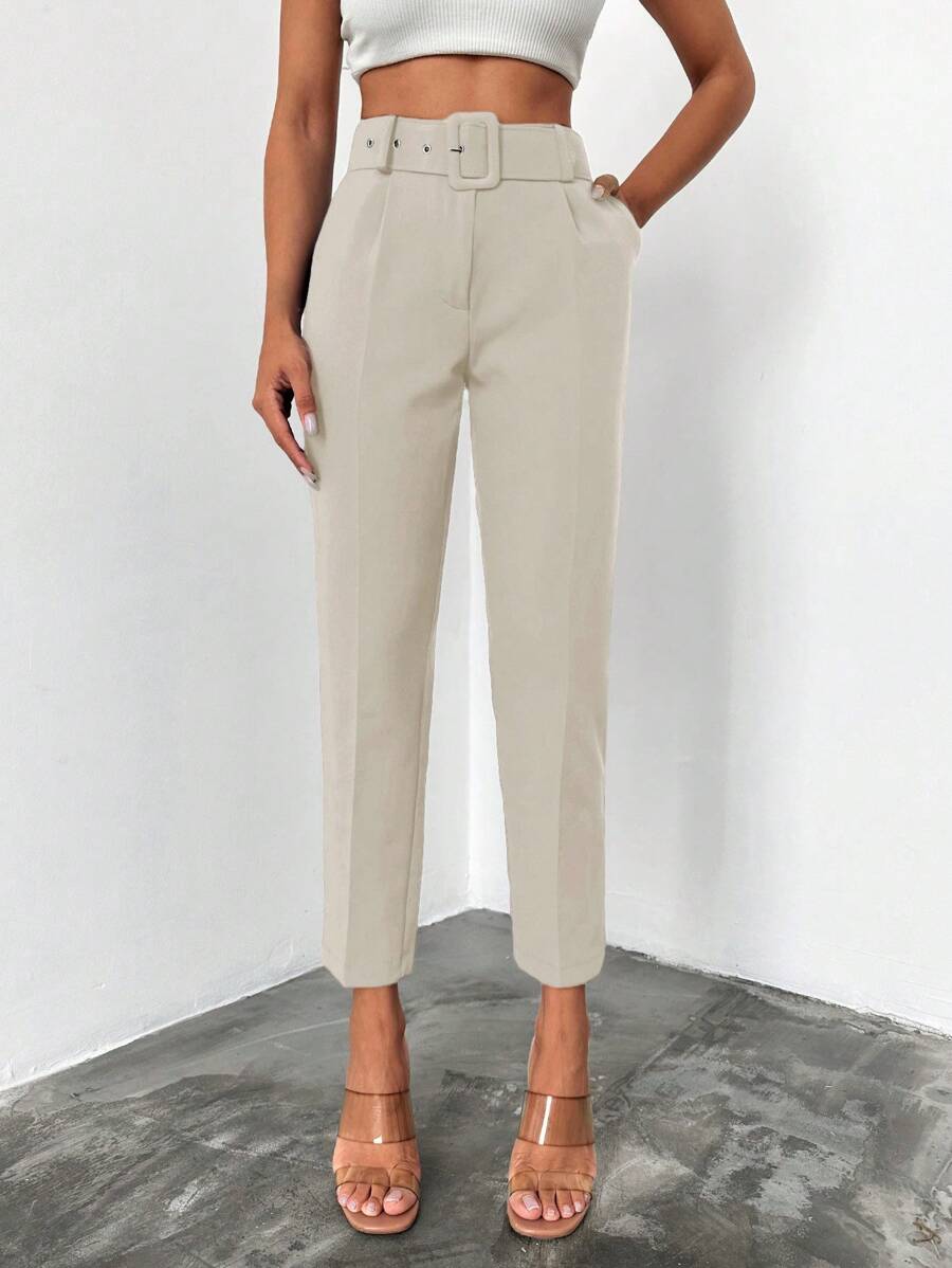 EURMUSE Jednolity Slant Pocket Z paskiem Przycięte Spodnie garniturowe