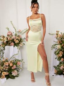 L'Amorae Lace Panel Satin Split Thigh Dress - Beige - View 1