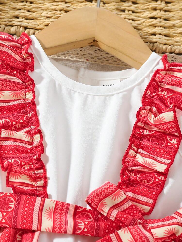 Baby Girls' Summer New Arrival Retro Floral Print Spliced Wide-Leg Jumpsuit Matching Waist Belt 2pcs/Set