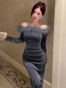 DAZY 女士羽毛拼接露肩长袖修身连衣裙，生日舞会礼服，秋季优雅女装连衣裙 - 灰色 - 查看 3