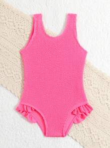 SHEIN Baby Girl Solid Pink Textured One Piece Swimsuit For Summer, Beach, Swimming Pool - Hot Pink - View 4