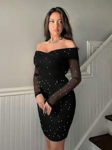 Firerie Off Shoulder Ruffle & Trân châu & Kết cườm Váy bodycon - màu đen - Xem 3