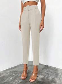 EURMUSE Jednolity Slant Pocket Z paskiem Przycięte Spodnie garniturowe