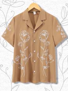 十幾歲男孩的花卉印花短袖立領襯衫 - 棕色 - 查看 1