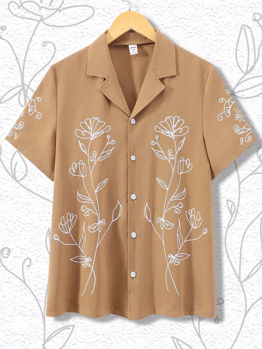 十幾歲男孩的花卉印花短袖立領襯衫 - 棕色 - 查看 1