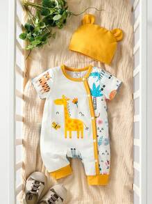 SHEIN 新生嬰兒女童卡通長頸鹿短袖連體褲 - 彩色 - 查看 1