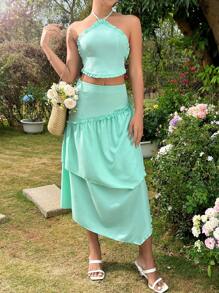 SHEIN Unity Của phụ nữ Màu thuần Không lưng Áo hai dây Và Bộ váy - màu xanh lá - Xem 1
