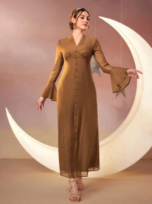 Modelyn Damen Arabisch inspiriertes langes Abendkleid mit Knopfverzierung und weiten Glockenärmeln, Lange Abendkleider - Braun - Übersicht 4