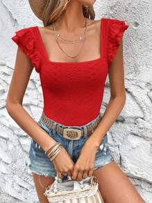 SHEIN VCAY Women's Solid Color Hollow Out Embroidery Peplum Hem T-Shirt - Red - View 5