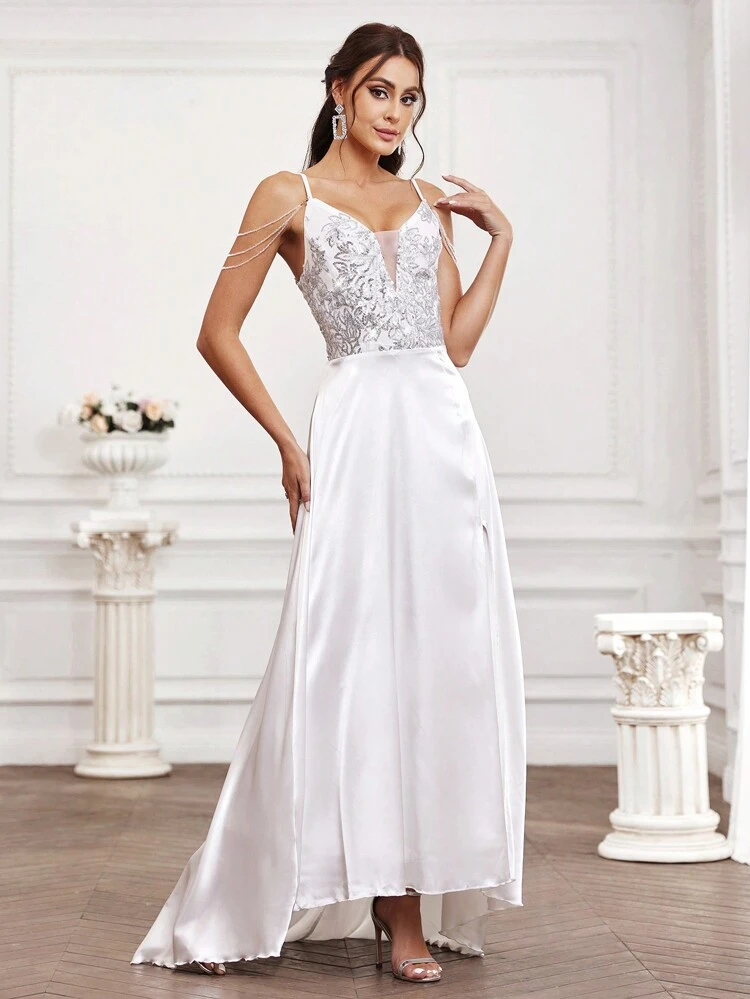 Sequin Patchwork Split Front Cold Shoulder Wedding Dress With V-Neckline