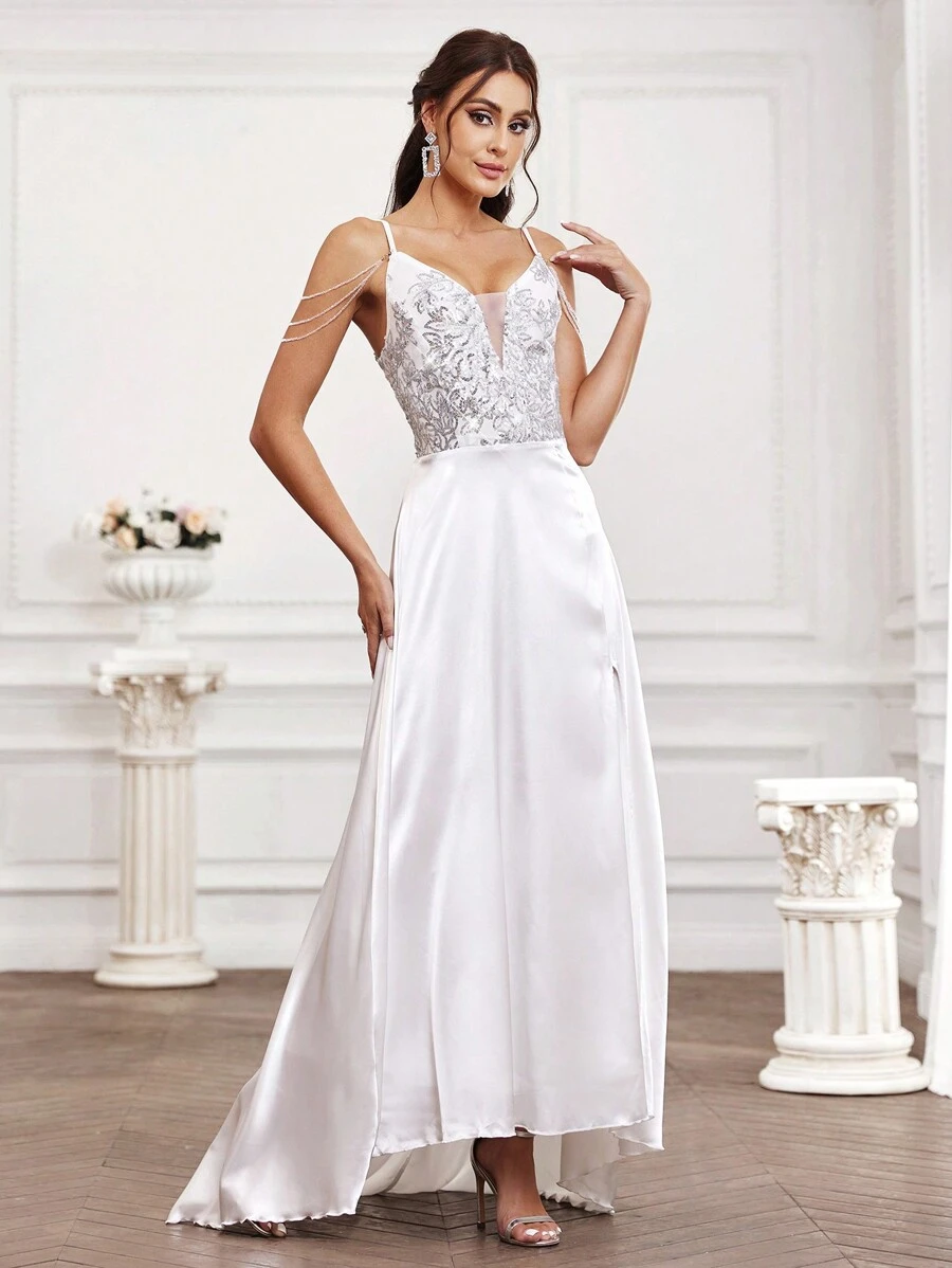 SHEIN Belle Sequin Patchwork Split Front Cold Shoulder Wedding Dress With V-Neckline