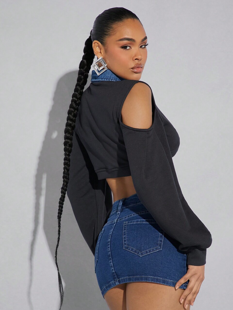 Cold Shoulder Super Crop Denim Jacket Without Bra