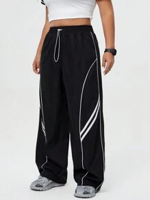 Coolane Lỏng lẻo phù hợp Kích thước lớn Y2K Phong cách đường phố Quần ống rộng Với dây rút Eo Cho mùa xuân Và Mùa hè 2024 - màu đen - Xem 5