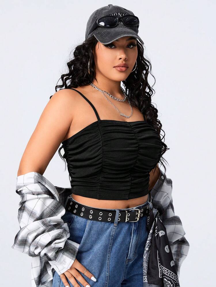 Women's Plus Size Pleated Tank Top With Spaghetti Straps