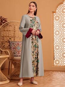 Al Najma Printed Patchwork Flare Sleeve Dress Kaftan Jalabiya Dress - Grey - View 6