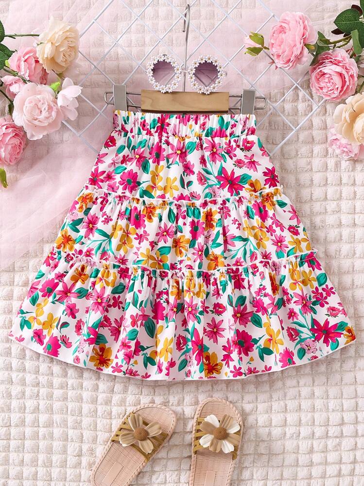 SHEIN Young Girl's Elastic Waist Floral Printed Asymmetrical Skirt With Ruffled Hem,Holiday,Summer,Travel - Multicolor - View 2