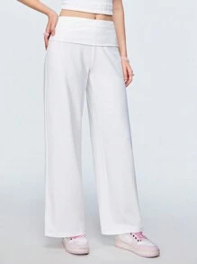 SHEIN Qutie Của phụ nữ Trắng Eo thấp Rộng chân Quần Với Gấp lại Dây thắt lưng - trắng - Xem 3