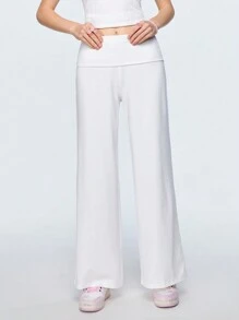 SHEIN Qutie Của phụ nữ Trắng Eo thấp Rộng chân Quần Với Gấp lại Dây thắt lưng - trắng - Xem 4