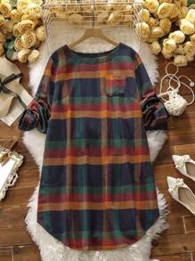 SHEIN LUNE Plus Plaid Print Pocket Patched Curved Hem Dress - Multicolor - View 4