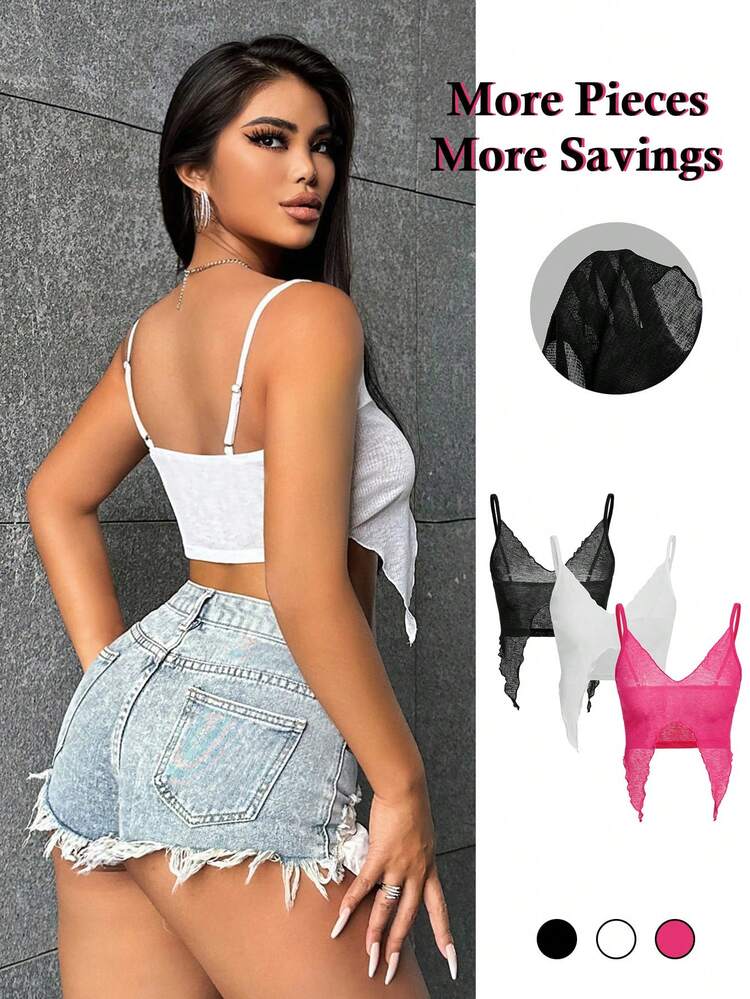 Women's V-Neck Spaghetti Strap Knit Tank Top With Jacquard And Hem Detailing