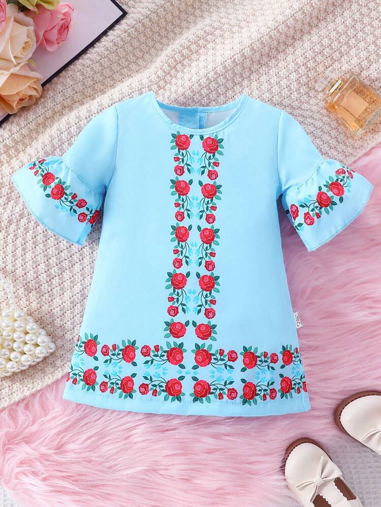 Baby Girl's Bohemian Style Rose Print Dress With Ruffled Hem And Decorative Trim