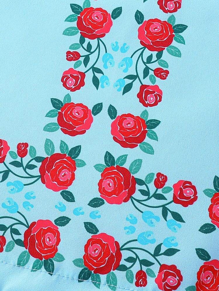 Baby Girl's Bohemian Style Rose Print Dress With Ruffled Hem And Decorative Trim