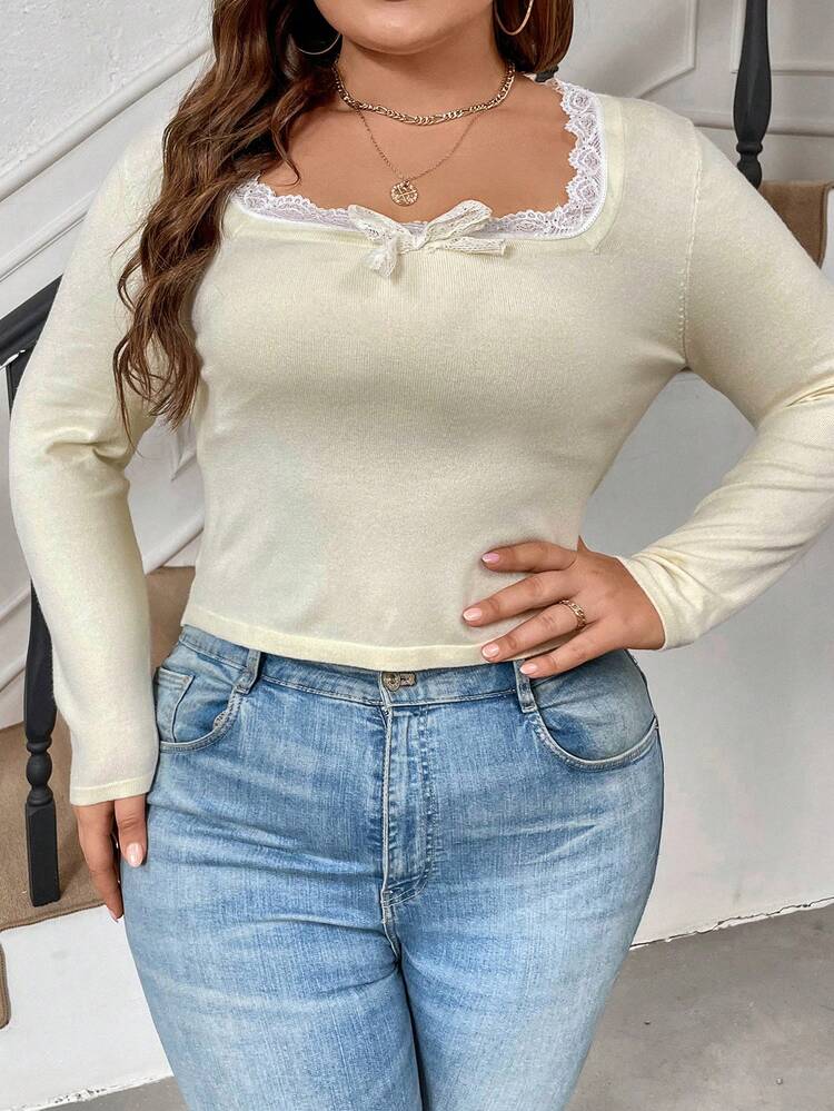 Plus Size Women's Long Sleeve Contrast Lace Pullover Sweater Knit Pullover Fall Winter