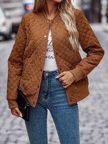 SHEIN Clasi Lutande Fickor Quiltad Bomberjackor - Brun - Visa 5