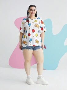 Mr Men Little Miss X SHEIN 大碼卡通圖形下垂肩t卹 - 白色 - 查看 3