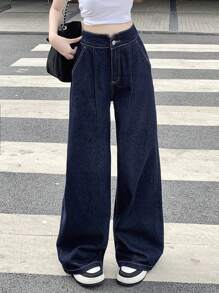 Dazy Designer 女式褶皱阔腿牛仔裤，返校服装 - 藍色 - 查看 7