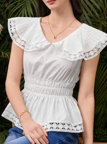 Seusyu 女士蕾丝拼布彼得潘领无袖衬衫