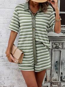 SHEIN LUNE Color-Contrasting Striped Short Sleeve Shirt With Single Breasted Closure And Drawstring Shorts Set - Green - View 4