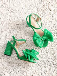 Ladies' Chunky High Heeled Bow Sandals For Summer Outdoor - Green - View 3