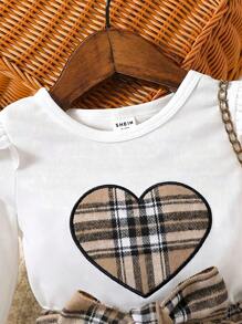 Baby Girl Heart Embroidery Ruffle Trim Tee & Plaid Print Skirt - Multicolor - View 4