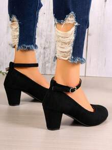 女性圓頭踝帶高跟鞋,時尚百搭 - 黑色 - 查看 3