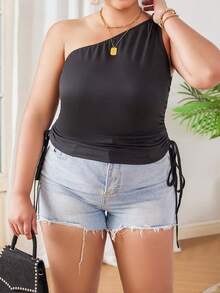 Calvaya 夏季大碼純色側拉繩不對稱領口背心 - 黑色 - 查看 5