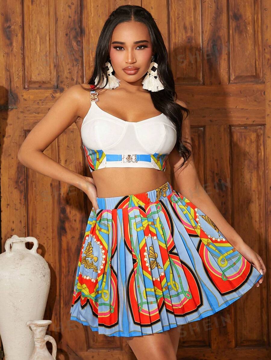 SHEIN SXY Femei se poartă în vacanță Set de două piese pentru femei, sexy, cu imprimeu floral, top și fustă plisată