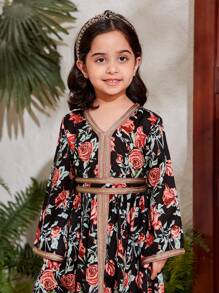 Young Girl Floral Printed Gold Ribbon V-Neck Dress - Multicolor - View 4