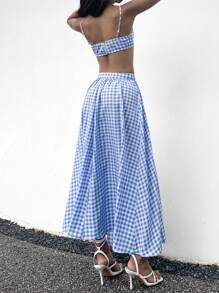 SHEIN Unity Xoắn Chi tiết Rô Mô hình Cắt chóp Cami Và Váy vui tươi Kỳ nghỉ 2 Miếng - Màu xanh lam - Xem 2