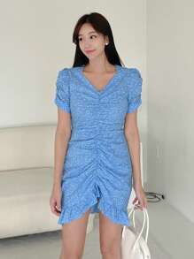 DAZY Ladies' Floral Print Pleated Short Puff Sleeve Dress Sundress