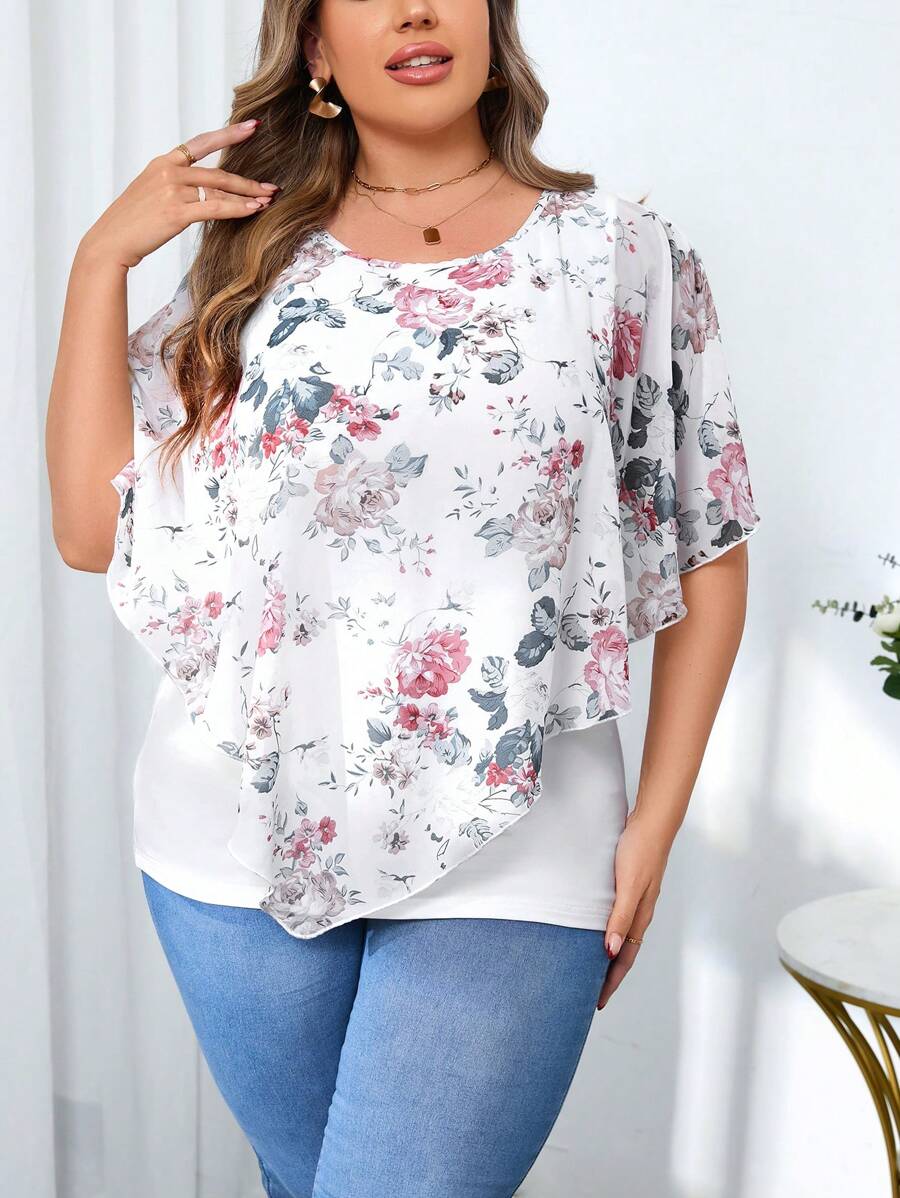 SHEIN Clasi Blusa De Gasa Suelta De Talla Grande Con Elegante Estampado Floral - Multicolor - Ver 1