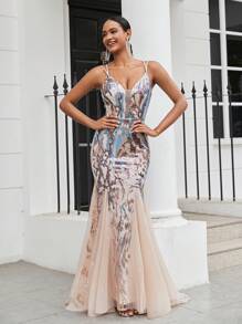 SHEIN Belle 华丽性感细肩带 V 领露背连衣裙，带串珠网眼和美人鱼下摆，适合女士正式派对晚会礼服优雅舞会晚会婚礼宾客礼服，适合毕业典礼、晚宴 - 杏色 - 查看 6