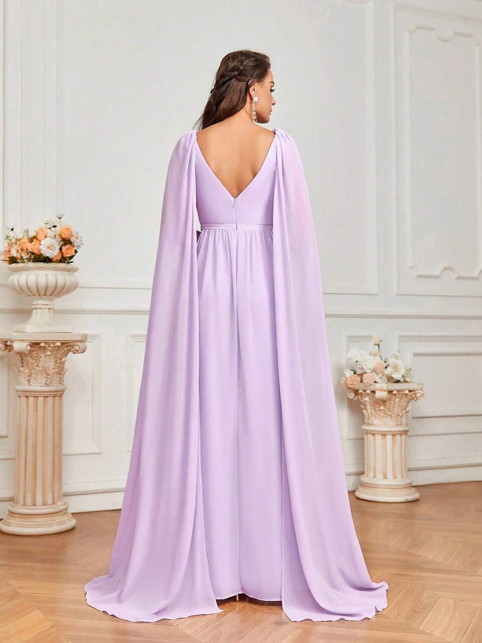 Women's Bridesmaid Dress With Purple Flowing Chiffon Fabric V-Neck Puff Sleeves And Draped Flowing Cape  Bridesmaid Dress