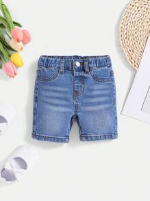 SHEIN Baby Girl's Soft Summer Washed Denim Shorts - Dark Wash - View 1