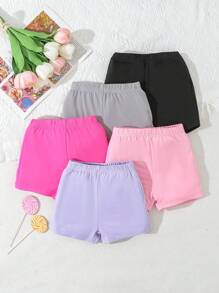 SHEIN Playful Pals 5pcs Baby Girl's Simple, Cute And Comfortable Shorts With Elastic Waist For Spring/Summer - Multicolor - View 3