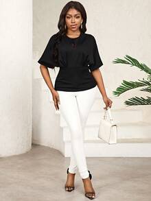 SHEIN Lady 女性 Masson色 無領褶皺蝙蝠短袖 T 恤 - 黑色 - 查看 7