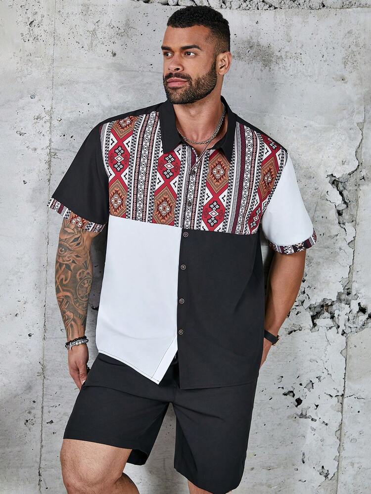 Men's Plus Size Geometric Printed Button Down Short Sleeve Shirt And Solid Color Shorts Set