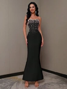 新款性感无肩带黑色珍珠串珠装饰婚纱、派对礼服、绷带晚礼服、婚礼宾客礼服 - 黑色 - 查看 4