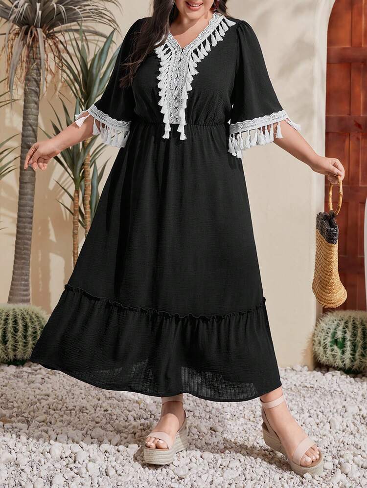 Plus Size Woven Belt & Tassel Adornment Patchwork Dress