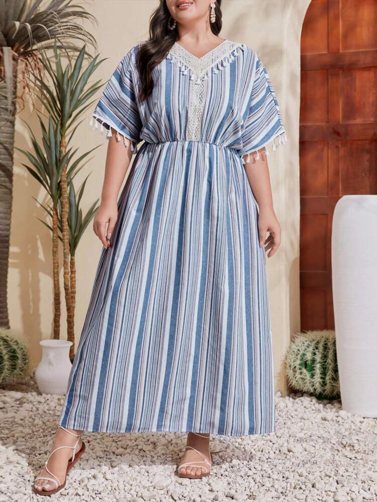 Plus Size Women's Fringed Vertical Striped Dress